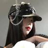 Dark Rivet Skull Chain Leather Abby Beret Female Punk Gothic Hats Spice Girl Painter Hat Versatile Winter Hat
