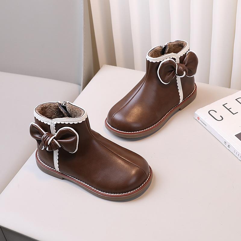 Winter Children's Boots for Girls Warm Plush Princess Cotton Boots Side Bowknot Versatile Kids Fashion Ankle Boots Sweet Chic
