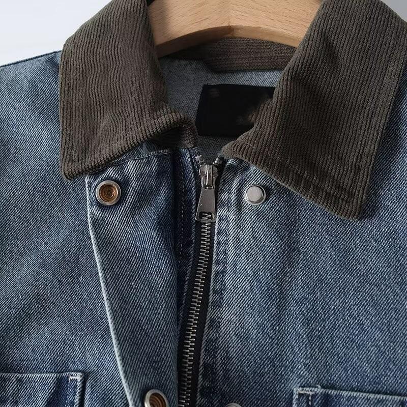 Korean Retro Color Block Lapel Pocket Denim Jacket - Women's Long Sleeve Autumn Style