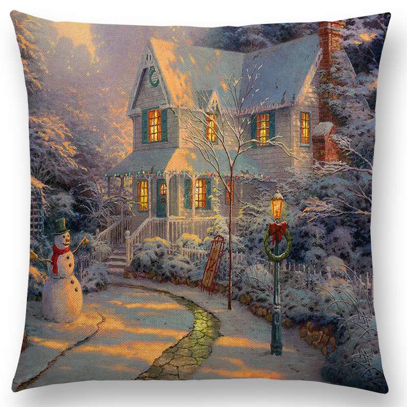 Home Decor Rustic Oil Painting Cushion Cover Beautiful Landscape Castle Lighthouse Sofa Pillow  Bedroom