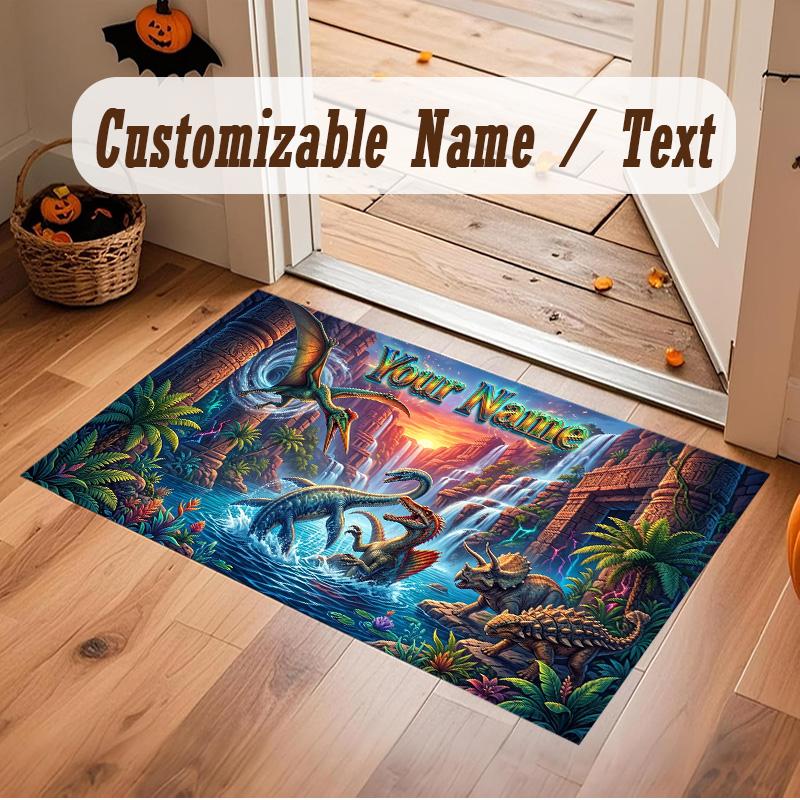 Dinosaur Theme Soft Crystal Velvet Rug Custom Name & Text Print Non Slip Floor Rug for Bedroom Living Room