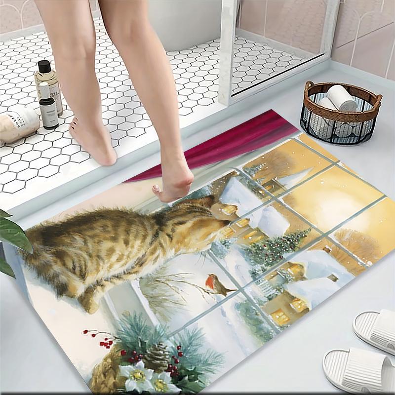 Cat Snowy Scene Carpet Rug Soft Washable Anti Slip Home Living Room Sofa Mats Personalized Christmas Rug