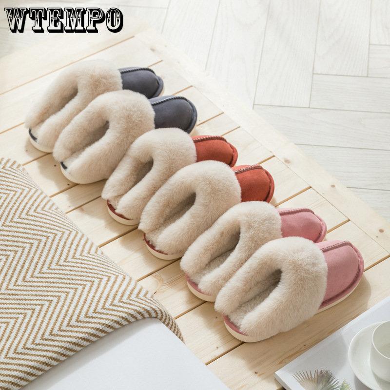 Faux Suede Home Women Full Fur Slippers Winter Warm Plush Bedroom Non-Slip Couples Shoes Indoor Ladies Furry Slippers