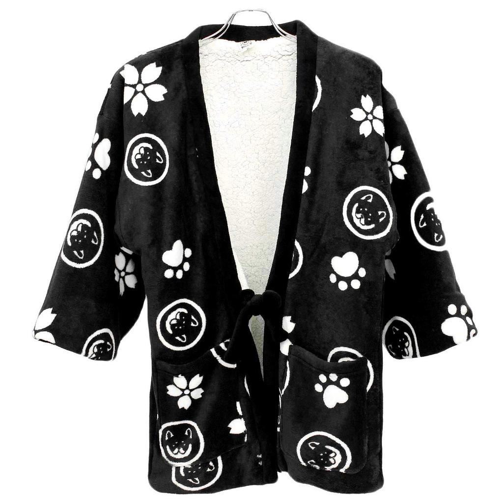 Wankodo Men's Warm Hanten Jacket, Large Size, Boa Fabric, Arabesque Print, Shiba Inu, Kyoto-Originated Mascot, Wankodo Chanchanko, Size 4L, Black