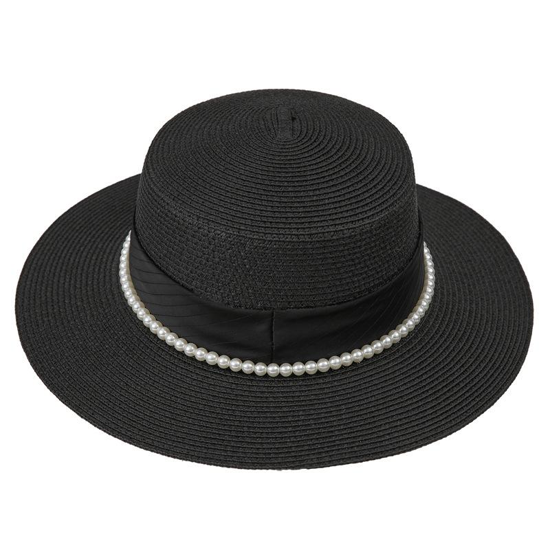 

French Celebrity Style Flat Top Top Hat 2025 New Summer Elegant Pearl Straw Seaside Sun Hat Children M（56-58cm） чорний