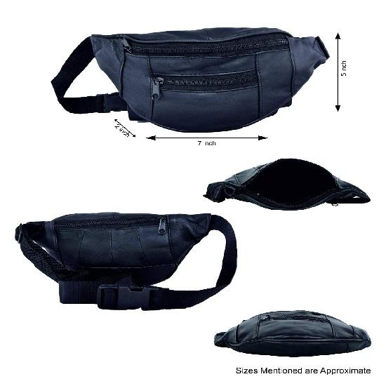 Noora Black Leather Waist Bag | Multipurpose Travel Bag for Running, Hiking, Travelling with Adjustable Straps |