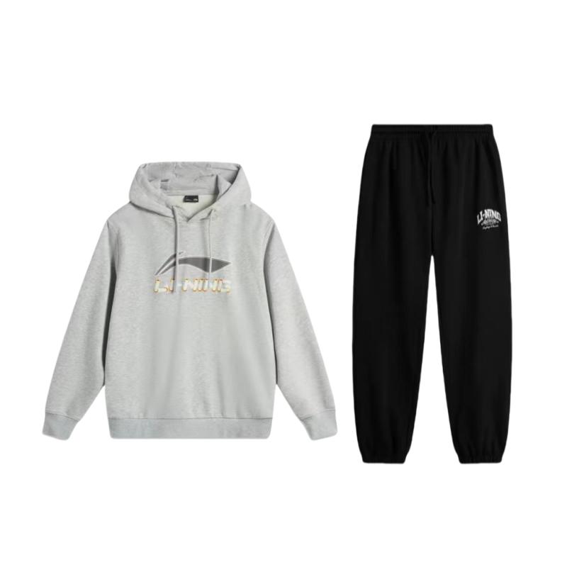 Li Ning Logo Pattern Hooded Loose Drop Shoulder Long Sleeve Mid Waist Tied Long Pants Casual Sports Suit Unisex suit AWDV253-5+AKLU939-4