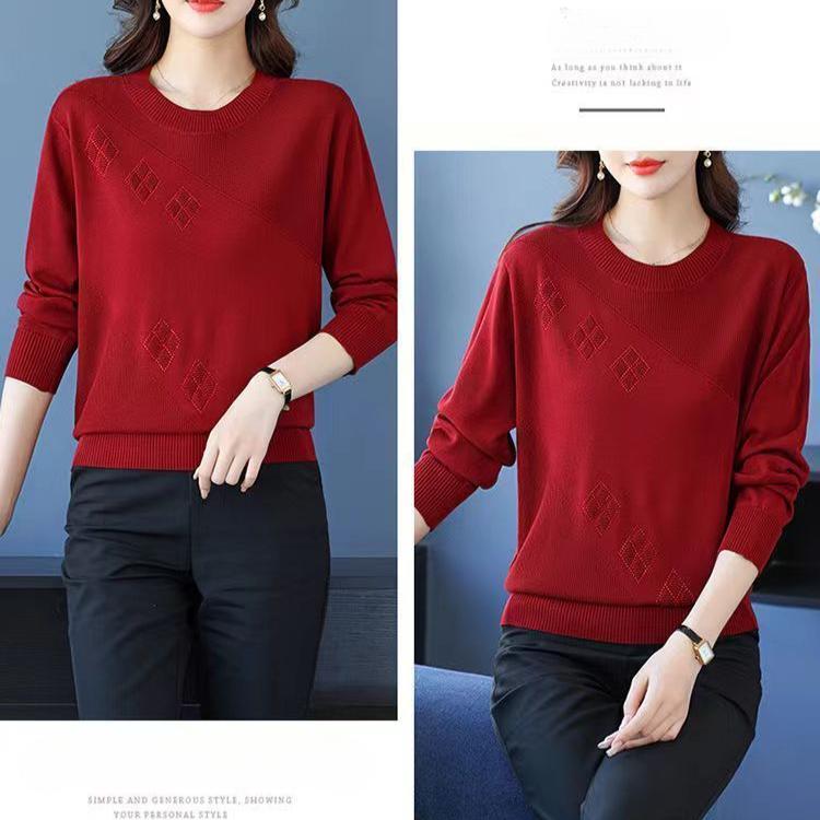 Fall Winter Women's Plus Size Sweater Long Sleeve Loose Crew Neck Knitwear Sweater Rhinestone Pullover Knit Top Stretch Jumper