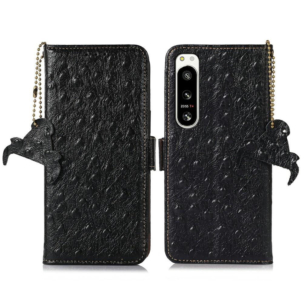 For Sony Xperia 5 IV 5G Case RFID Blocking Genuine Cow Leather Phone Case Ostrich Texture