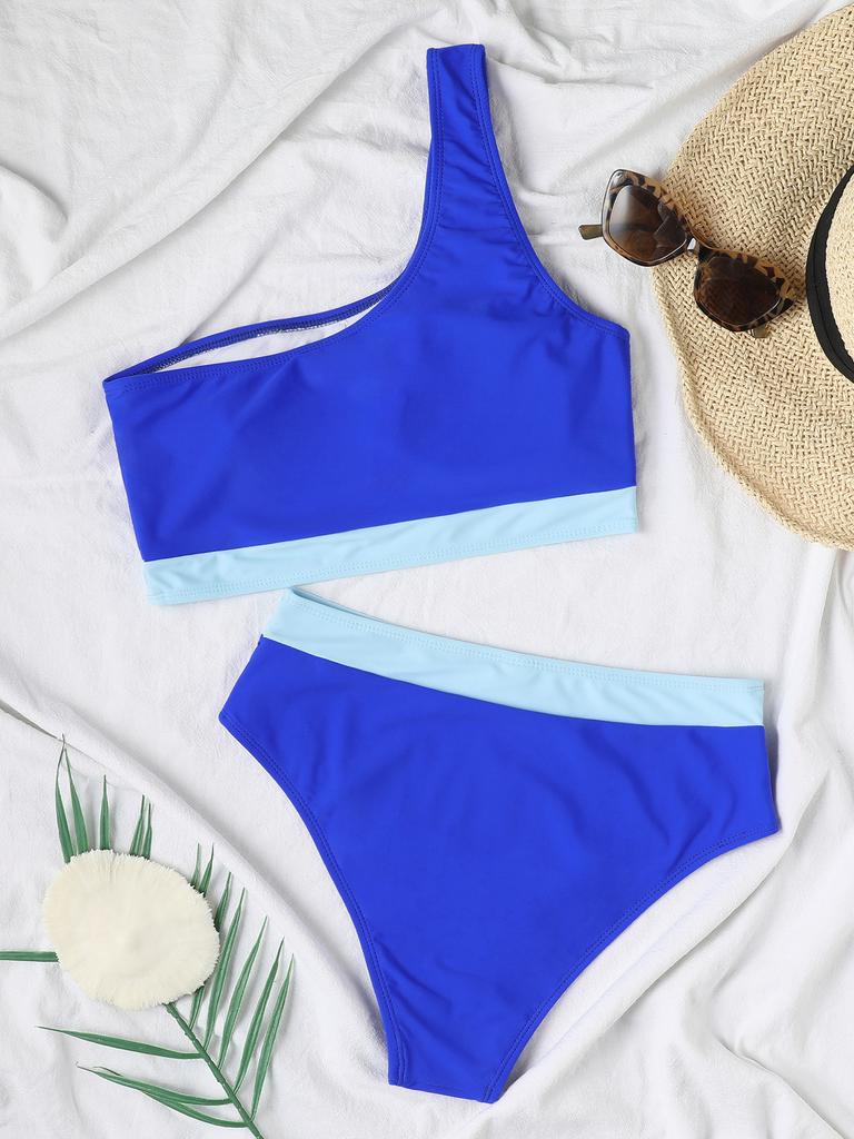 Color Block One Shoulder High Waist Sexy Bikini Set Elegant Two Piece Swimwear