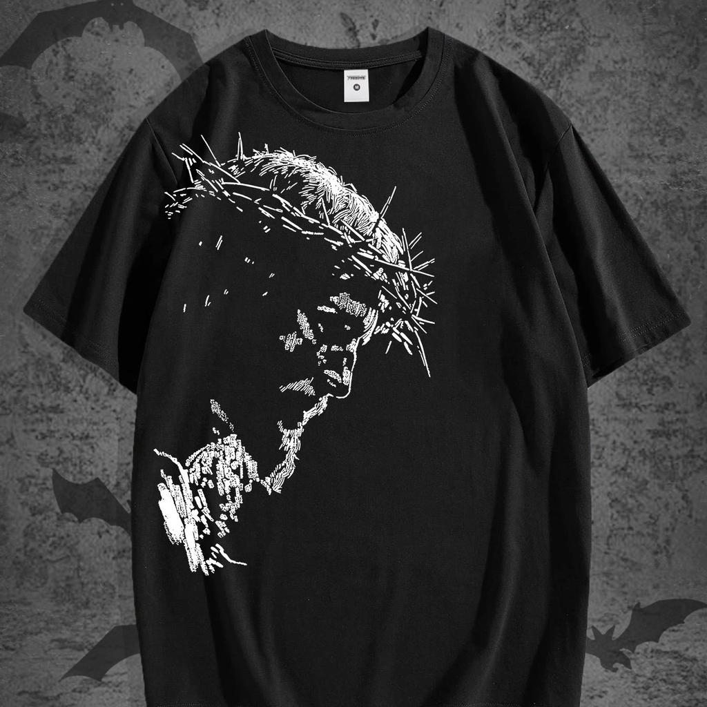 Vintage Jesus Head Print T-Shirt - Distressed Religious Icon Suitable for Church, Study & Casual Wear - Solid Color Round Neck Summer 