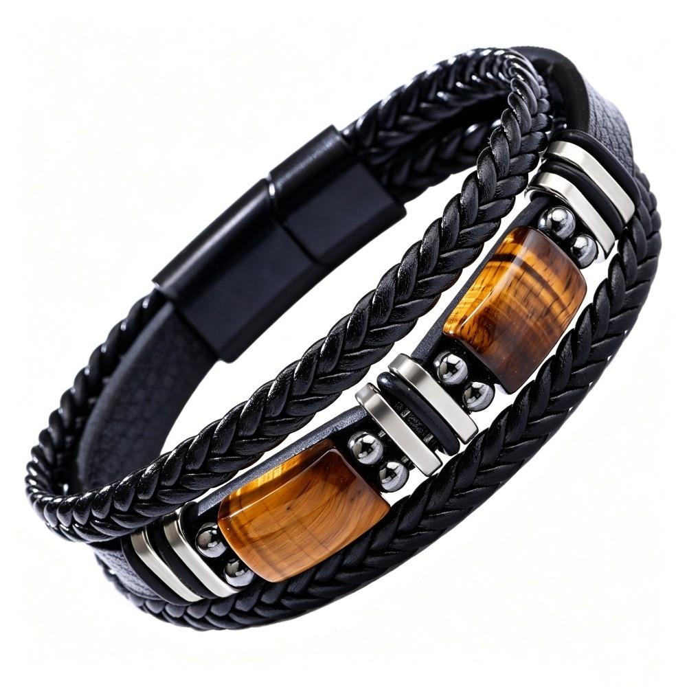 Multi-Layer Leather Bracelet Braided Beaded Bracelet Tiger Eye Stone Bracelet  Men