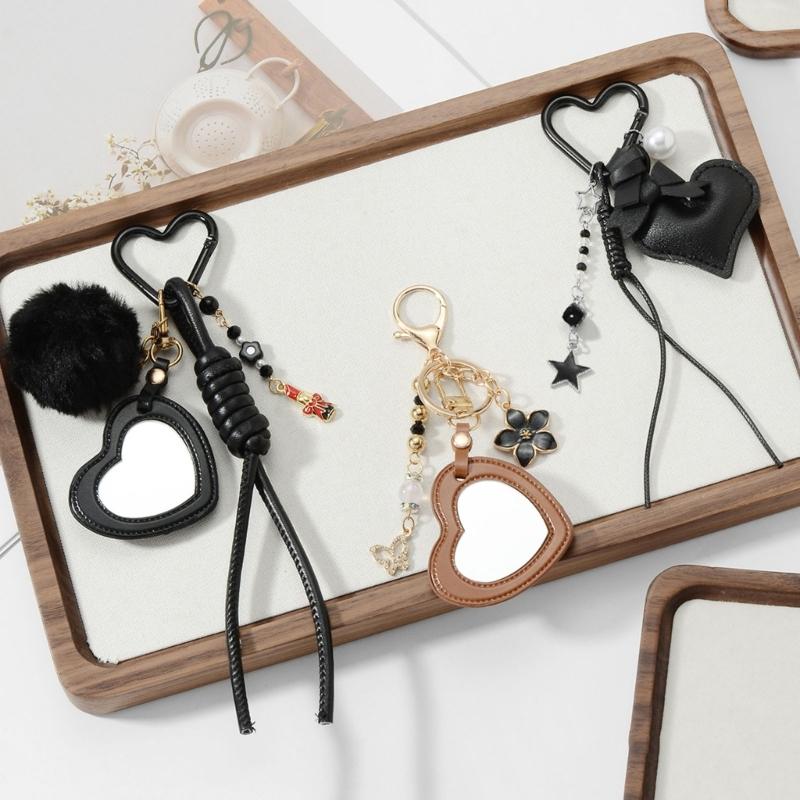 Vintage Leather Keychain Handmade Heart Braided Rope Mirror Charm DIY Accessory Sturdy Leather Key Holder