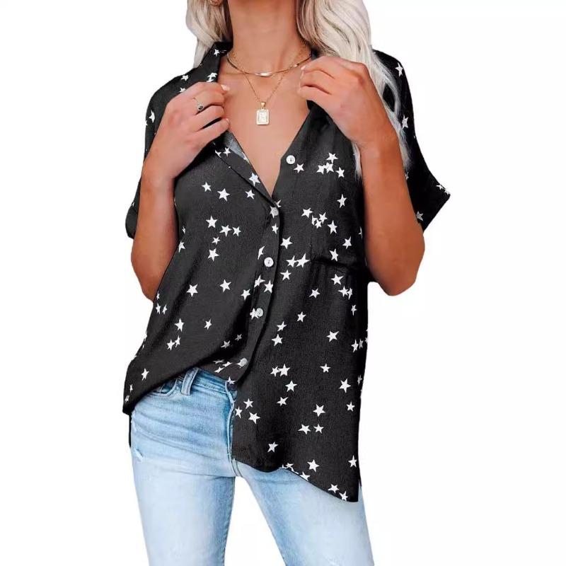 Womens Summer Star Print V Neck Short Sleeve Button Up Shirt S чёрный