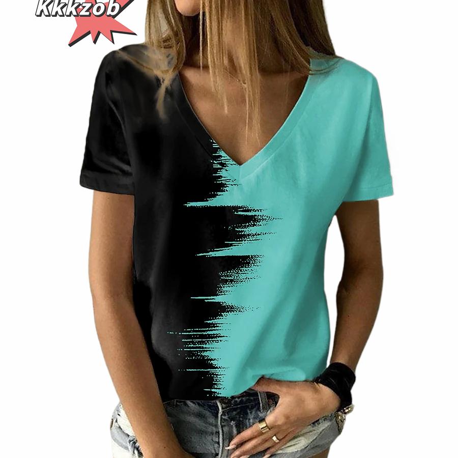 Women's T-Shirt Solid Color Gradient 3D Printing V-Neck Women's Tops Summer Women's Casual Fashion Loose Hundred Short-Sleeved