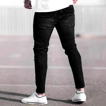 New Casual Ripped Jeans Men'S Trend Elastic Washed Small Feet Slim-Fit Pants