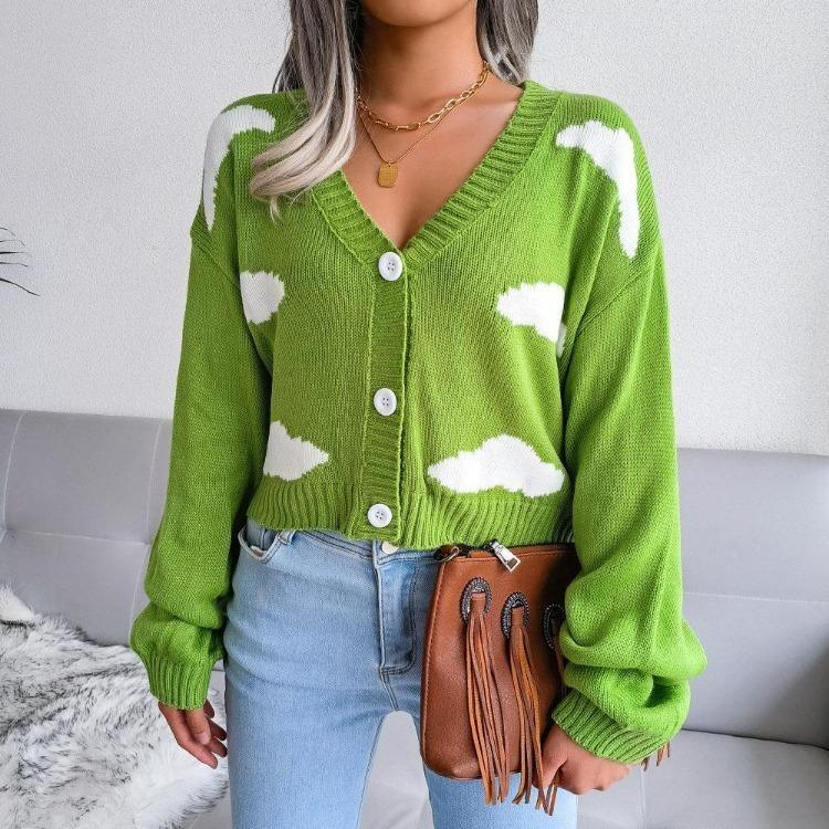 Women Autumn Winter Knitted Cardigan Long Sleeve V Neck Printed Single Breasted Sweater