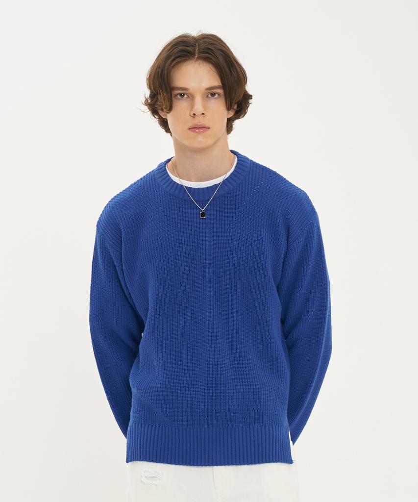 BLOND9 Asymmetrical Wool Crew Neck Pullover_Cobalt Blue
