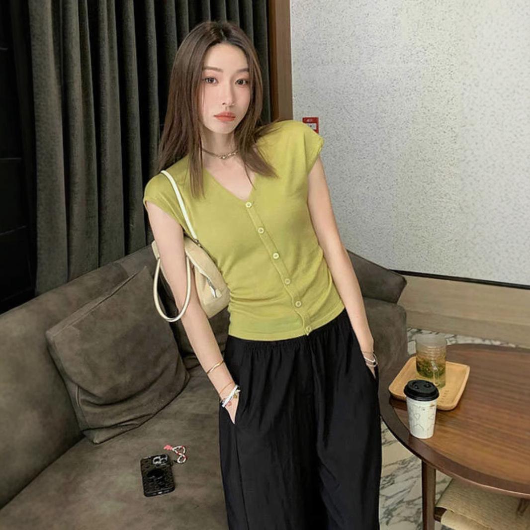 

Шикарный трикотажный топ с V-образным вырезом и рукавами-крылышками - Корейский стиль, облегающий крой для женщин One size (up to 125 jin) зелёный