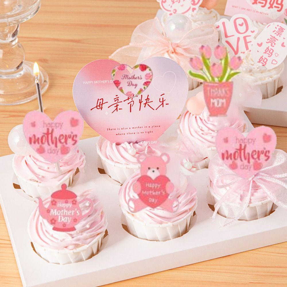 36pcs Love Bear Flower Cupcake Topper Pink Mothers Day Gift Decor  Birthday Party