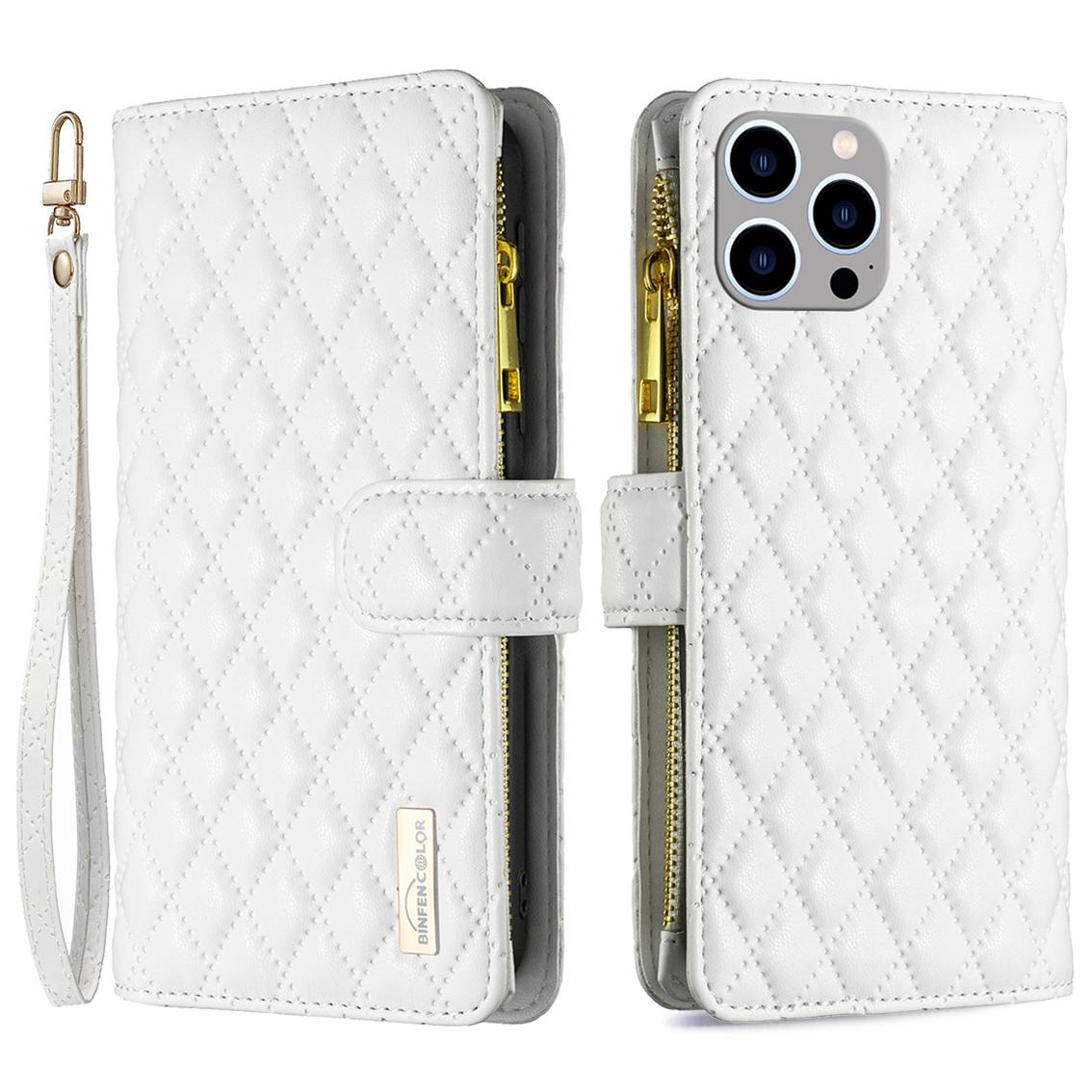 

BINFEN COLOR BF Style-15 For iPhone 15 Pro Zipper Pocket Flip Case Wallet Phone Stand Shell Leather Cover White