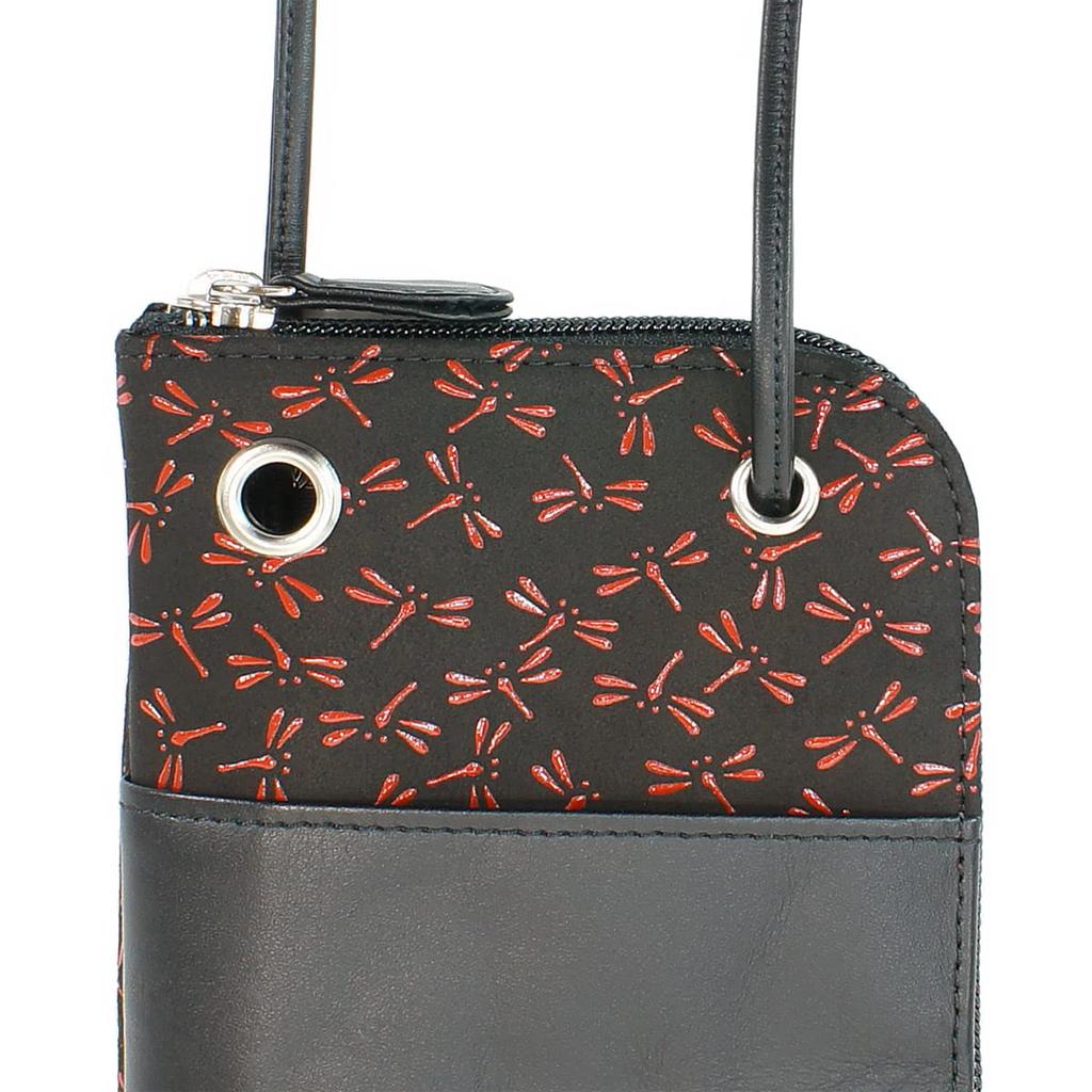 Indenya Inden Sacoche Smartphone Pochette Smartphone Case Deerskin Black X Red Lacquer Dragonfly Pattern 5027-21-008