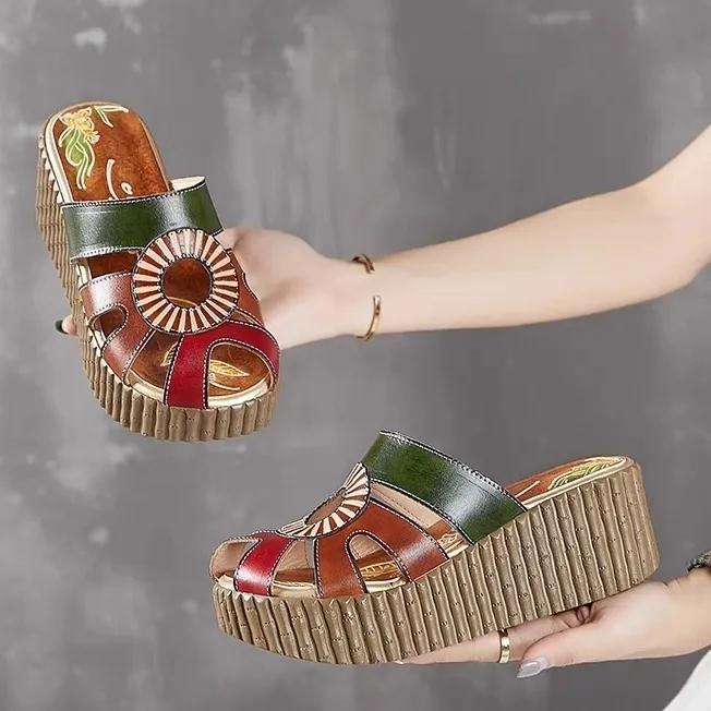 Fashion GKTINOO 2025 Wedge Slides Shoes Women Cover Toes High Heels Flower Sandals Summer Female Genuine Leather Platform Slippers