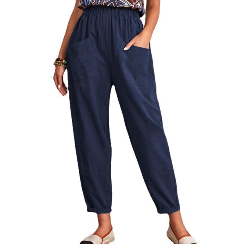 

Spring and Summer Cotton and Linen Nine-point Pants Elastic Waist Casual Pants Pocket Women XS