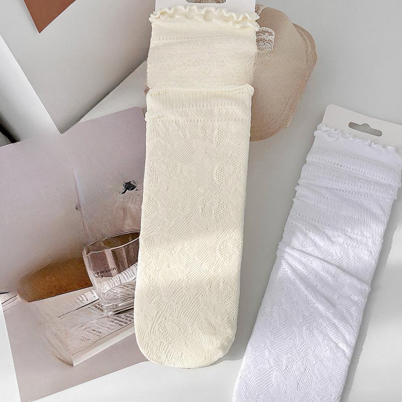 Women's Summer Ultra-thin Lace White Pile Socks with Mesh, Breathable and Sweat-absorbent Sweet Ballet Wind Stockings