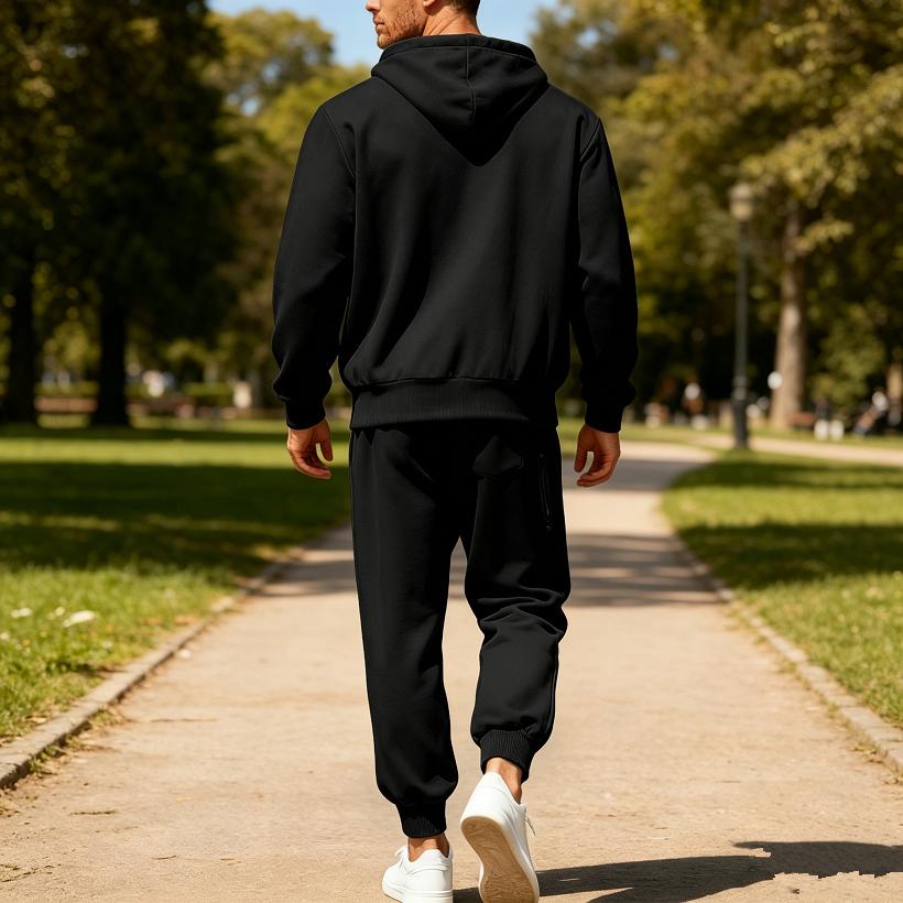 Ensemble de sport à capuche en polaire pour homme Automne Hiver Manches Longues Décontracté Fermeture éclair Thermique Confortable Respirant Vêtement d'extérieur