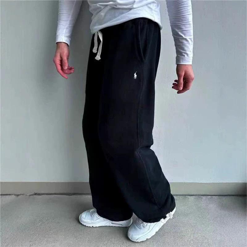 

2026 retro y2k street fashion simple loose sweatpants with embroidered pony, versatile casual long pants S чёрный