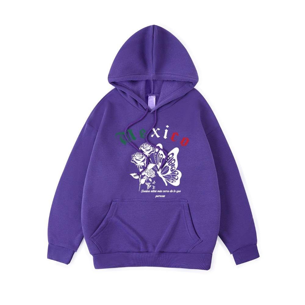 Mexico Butterflies And Flowers Prints Hoodie Women Street Loose Hooded Basics Sporty Sweatshirt Winter Fleece Warm Clothes