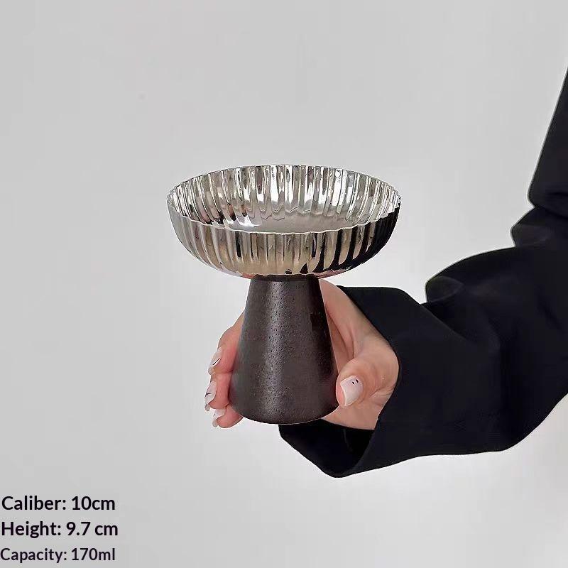 Stainless Steel Pedestal Dessert Bowl With Shiny Mirror Surface And Stable Wooden Base Perfect For Serving Ice Cream Pudding