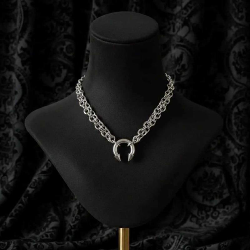 Stachelige Kette mit U-förmigem Hufeisenverschluss - Edelstahl Punk O-Ring Goth Unisex Schmuck black