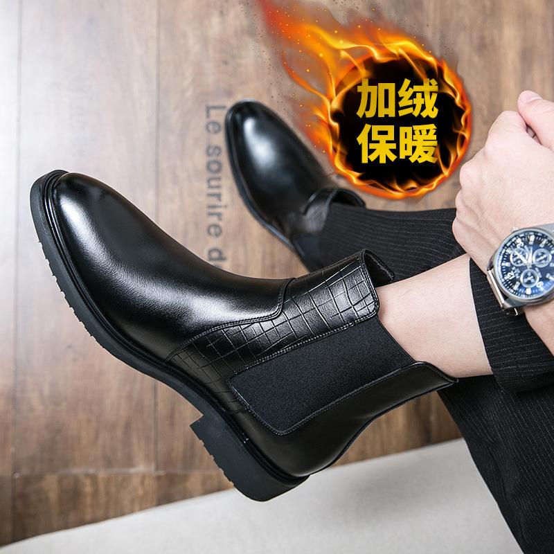 Martin Boots Leather Medium Top Pointed Fleece High Top Leather Shoes Chelsea Boots Black Hairstylist Short Boots