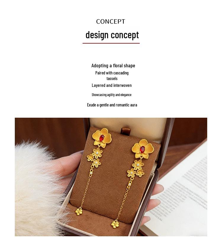 Xiaohongshu-Inspired Luxurious Gold Silk Flower Tassel Earrings for Women