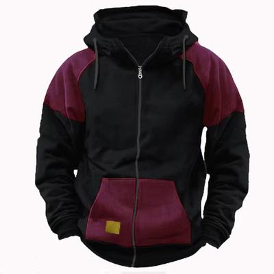 New Autumn and Winter Men's Hooded Color-blocked Sweatshirt Youth Sports Cardigan Leather Top Jacket Loose