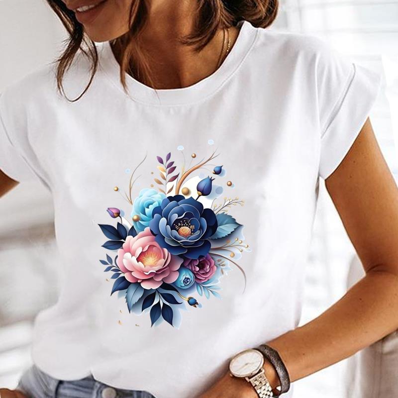 (Asian Size)  Tee Top Short Sleeve T Shirt Flower Sweet 90s Cute Women Clothing Casual Fashion Print Lady Female Graphic T-shirts