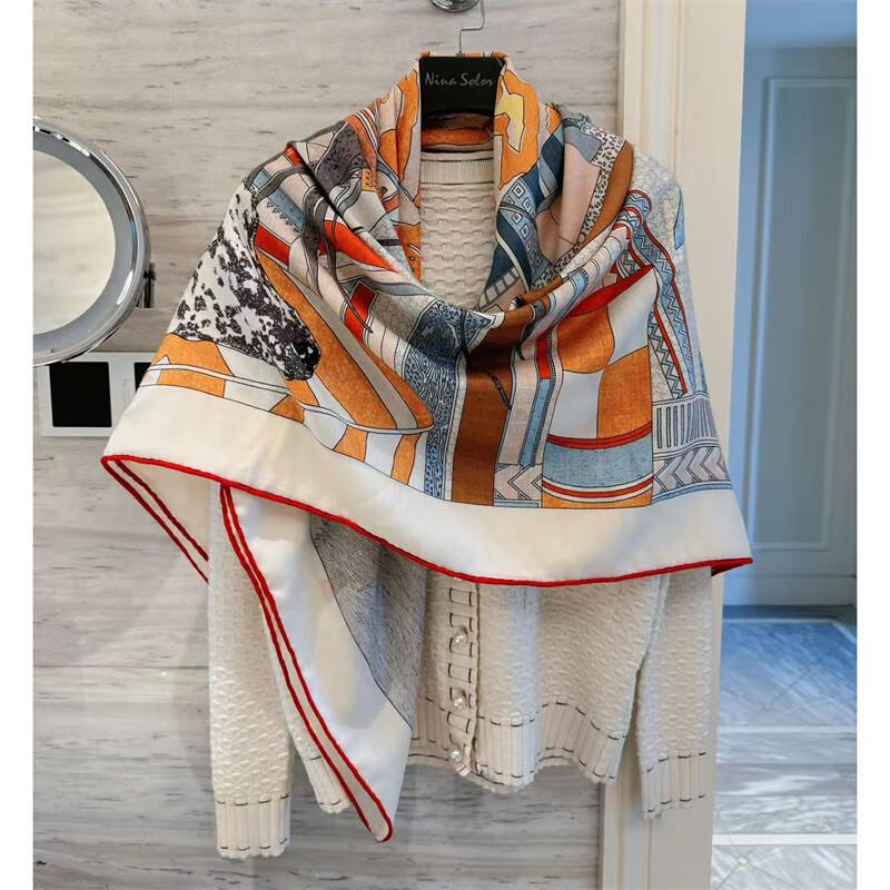 NINA SOLOR Silk Wool Blend Color Block Large Square Scarf