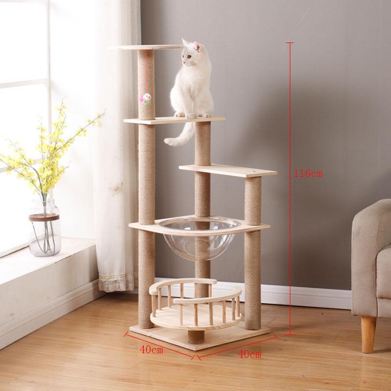 Solid Wood Sisal Cat Tree with Space Capsule and Scratch Board