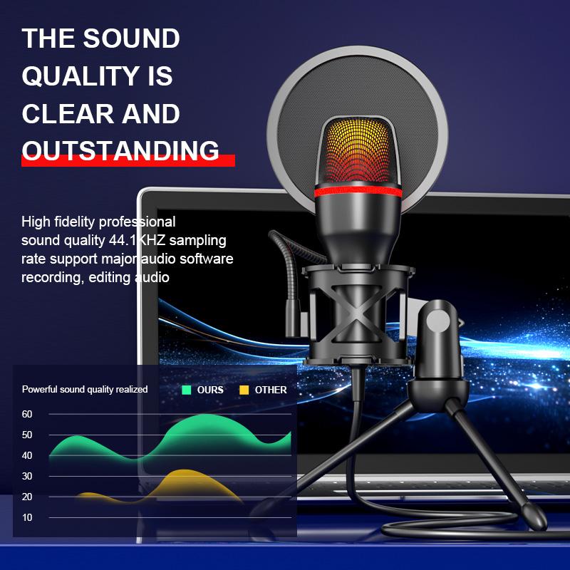 Professional Condenser Microphone For Computer PC Laptop USB Wired Gaming Acssories Kit Sound Live Streaming Podcast Gamer RGB