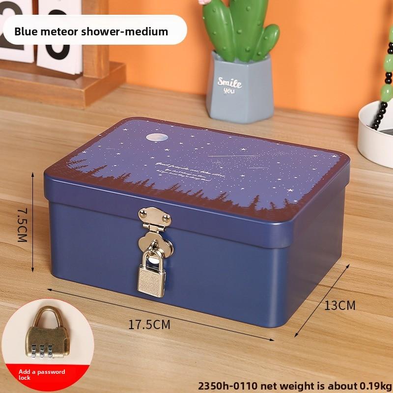 Retro Tinplate Box with Lock Key, Desktop Storage Box, Cosmetics, ID Storage, Household Jewelry Empty Box.