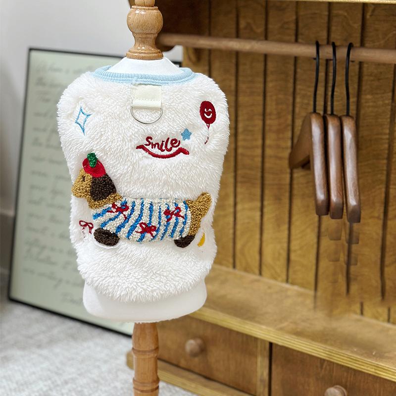 Pet Plush Embroidered Vest Dog Autumn/Winter Velvet Thickened with Traction Ring Small Dog Coat Christmas Clothes Jacket