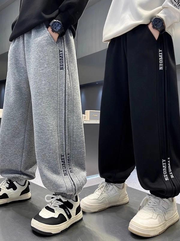 Baumwoll-Jogginghose für Jungen - Grau/Schwarz, Lässige Sportbekleidung für Frühling & Herbst, Größen für mittelgroße & große Kinder