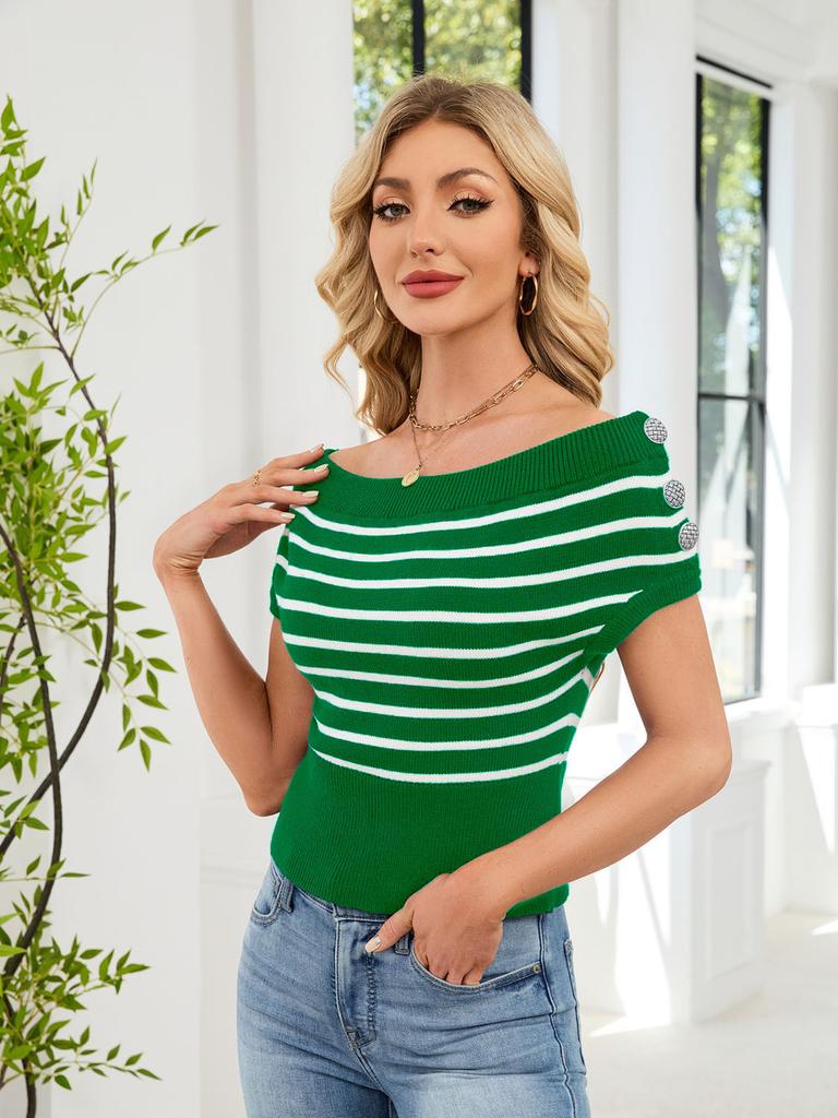 Women's Spring Summer Off Shoulder Striped Knit Top Short Sleeve Button Decor Slim Fit Cropped Casual Daily Blouse