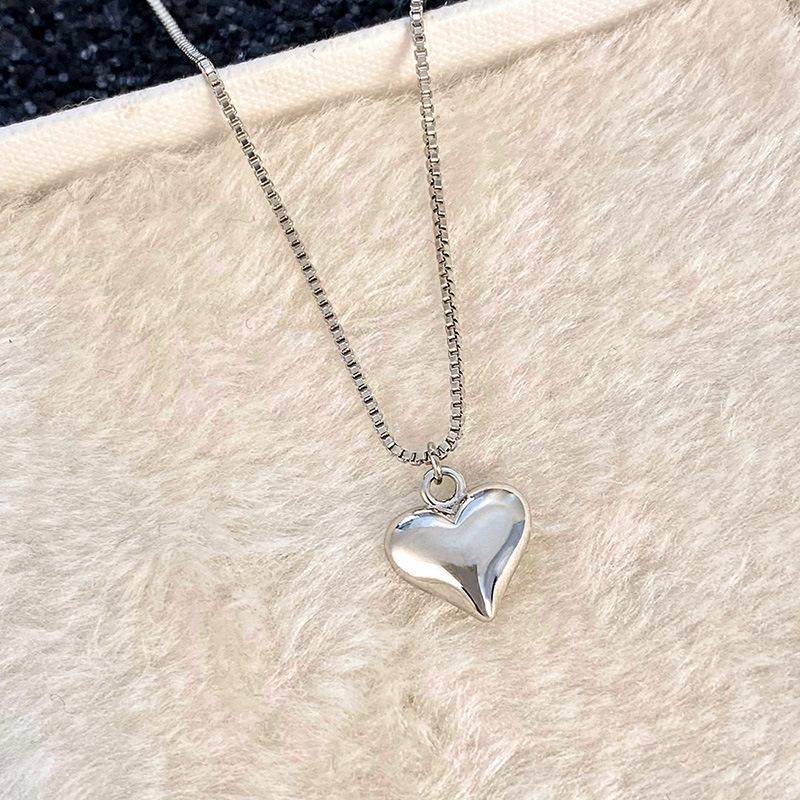 Silver Plated 3D Heart Pendant Necklace & Hoop Earring Jewelry Set, Minimalist Box Chain Set for Women