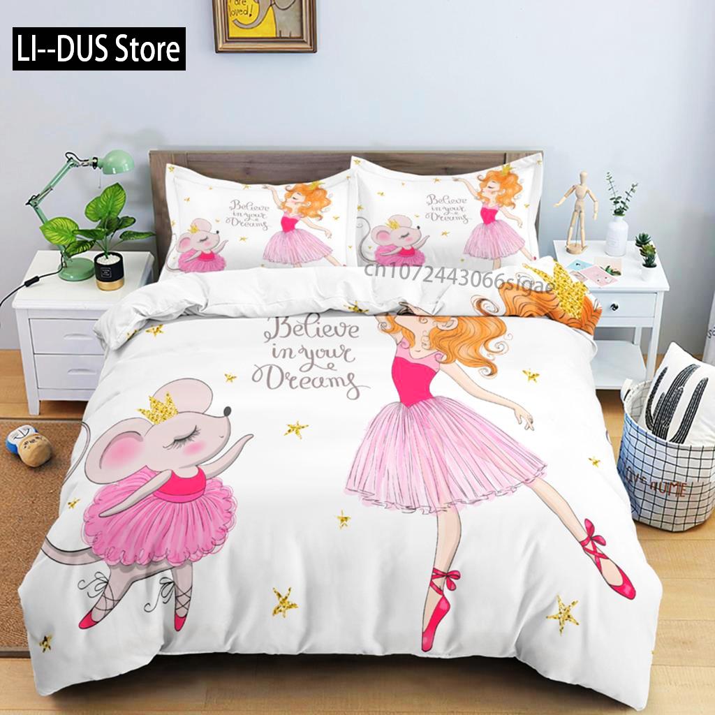 Cartoon Ballerina Duvet Cover Bedding Set For Girls Kid Cute Ballet Princess Dancer Quilt Cover Birthday Gift Bedroom Decoration