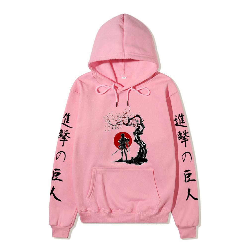 Attack On Titan Samurai Sakura Sun Design Unisex Fleece Hoodie Vertical Japanese Kanji Sleeve Anime Long Sleeve Pullover Sweatshirt