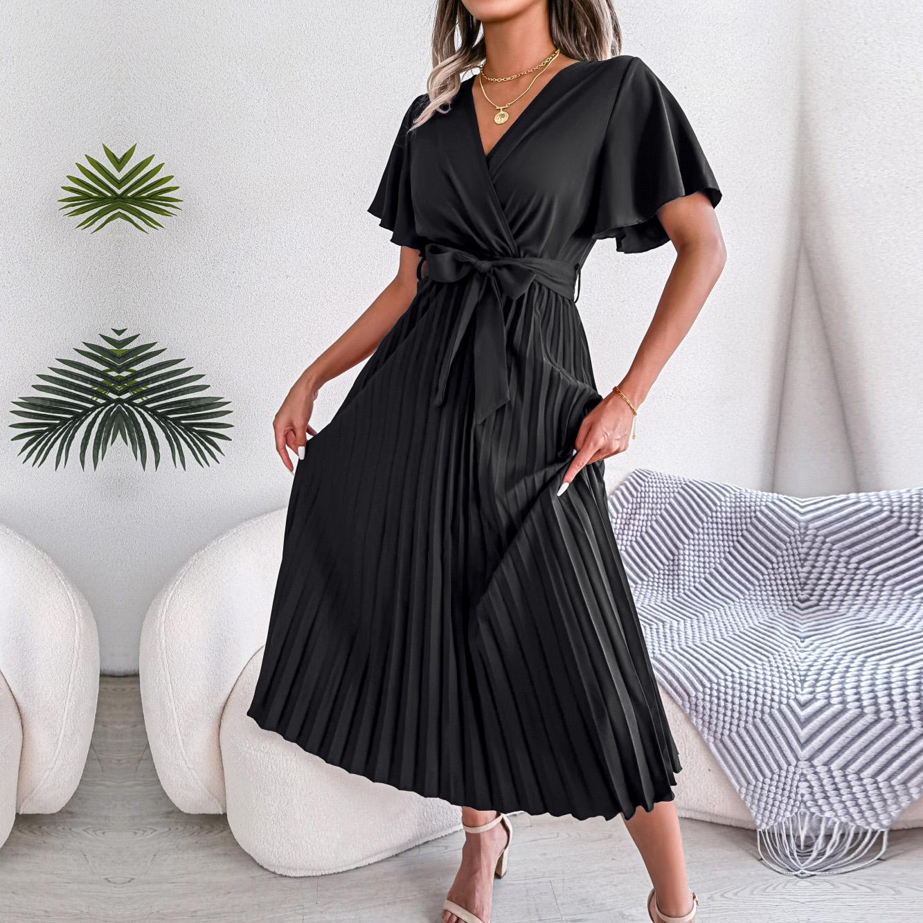 

Женское весенне-летнее темпераментное длинное платье с V-образным вырезом и коротким рукавом, однотонное плиссированное макси-платье S-XL S чёрный
