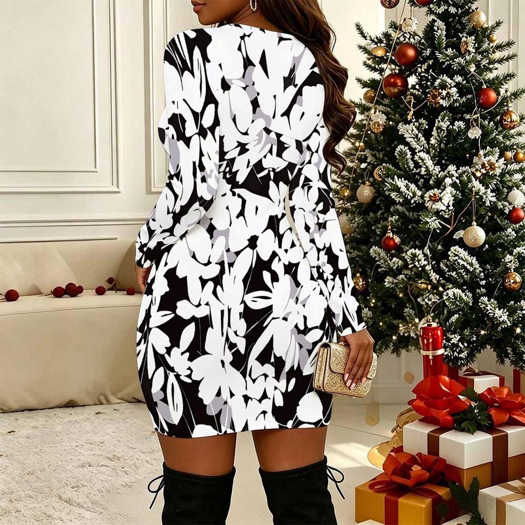 Women Plus Size Long Sleeve V Neck Crisscross Cutout Bodycon Mini Night Club Outfit